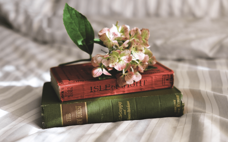 [alt] flowers on top of two books on top of bed covers